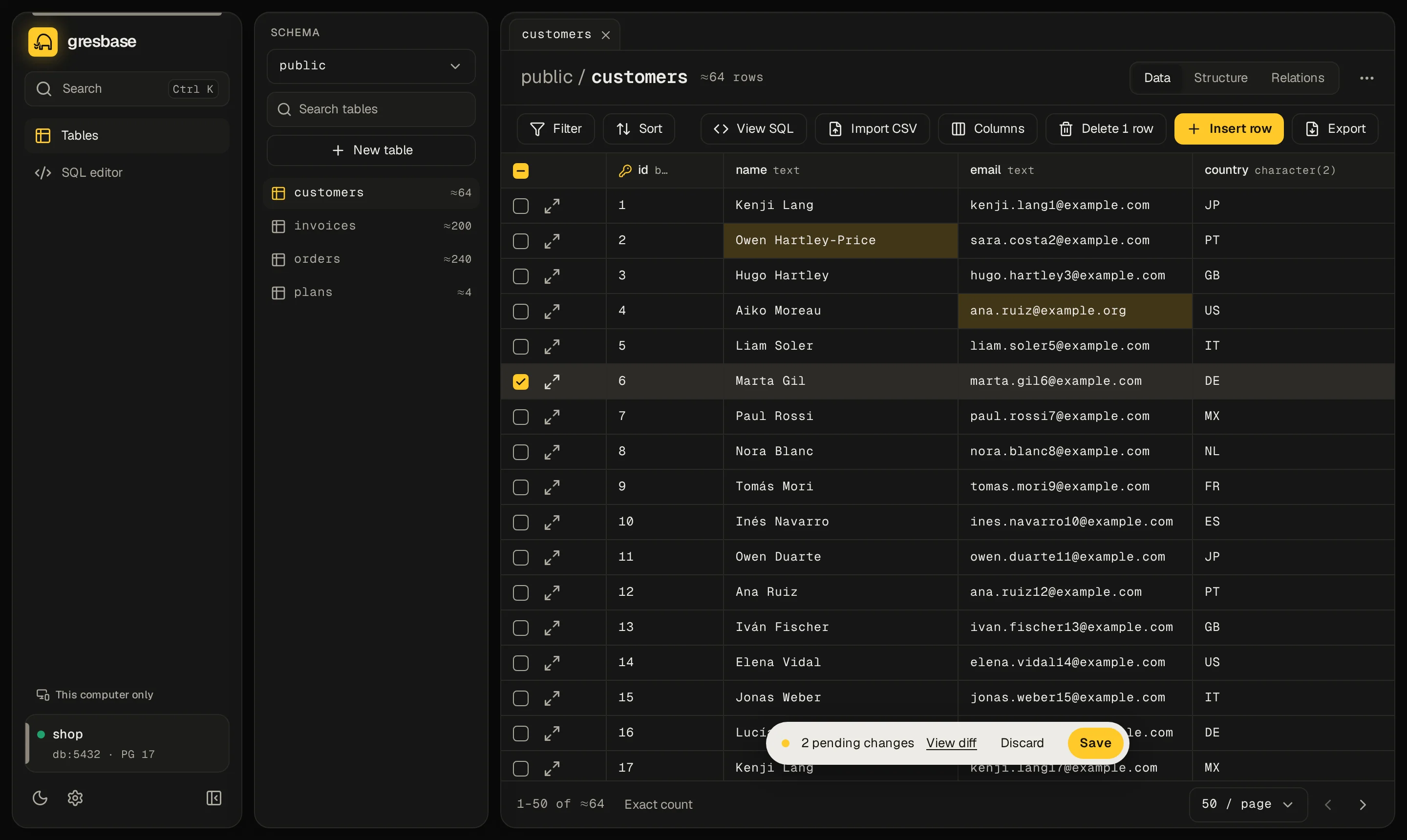 Two edited cells in yellow and the pending changes bar with View diff, Discard and Save.