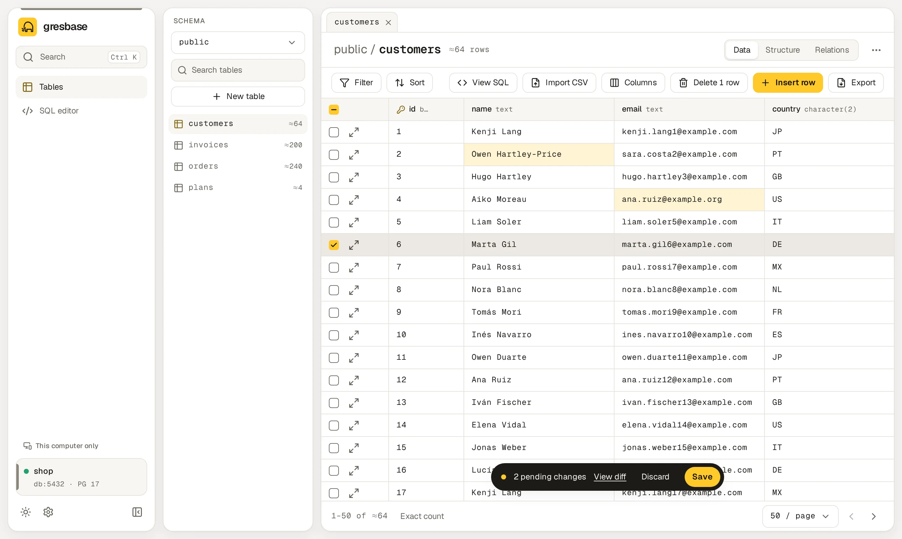 Two edited cells in yellow and the pending changes bar with View diff, Discard and Save.