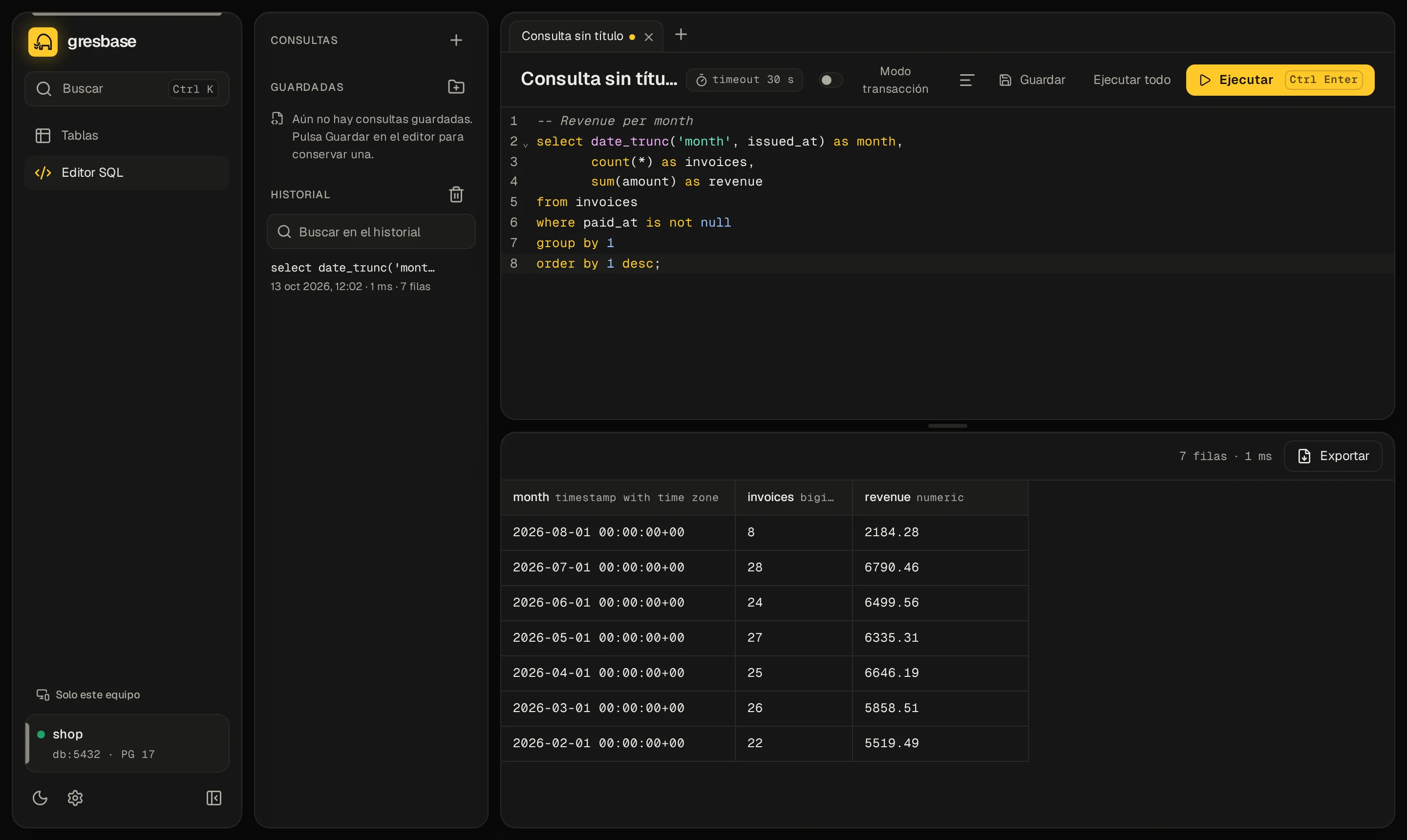 El editor SQL con una consulta y sus resultados debajo.