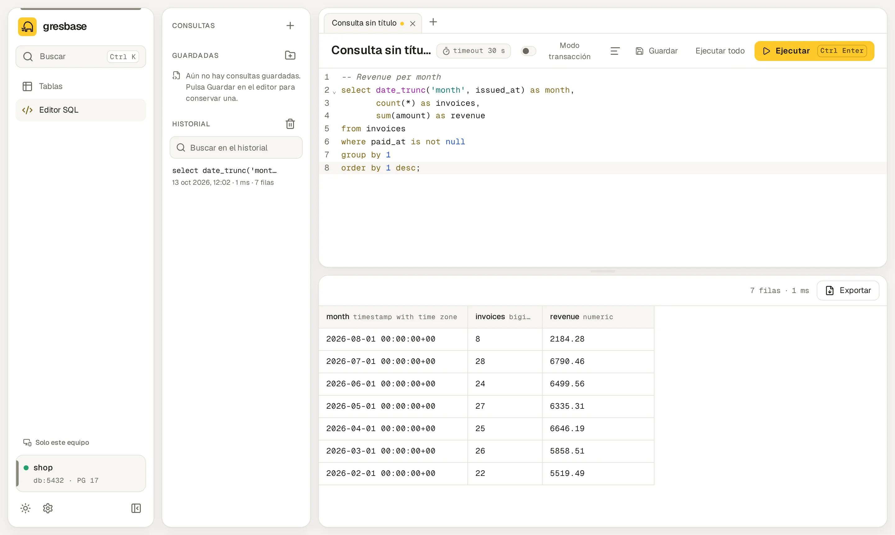 El editor SQL con una consulta y sus resultados debajo.