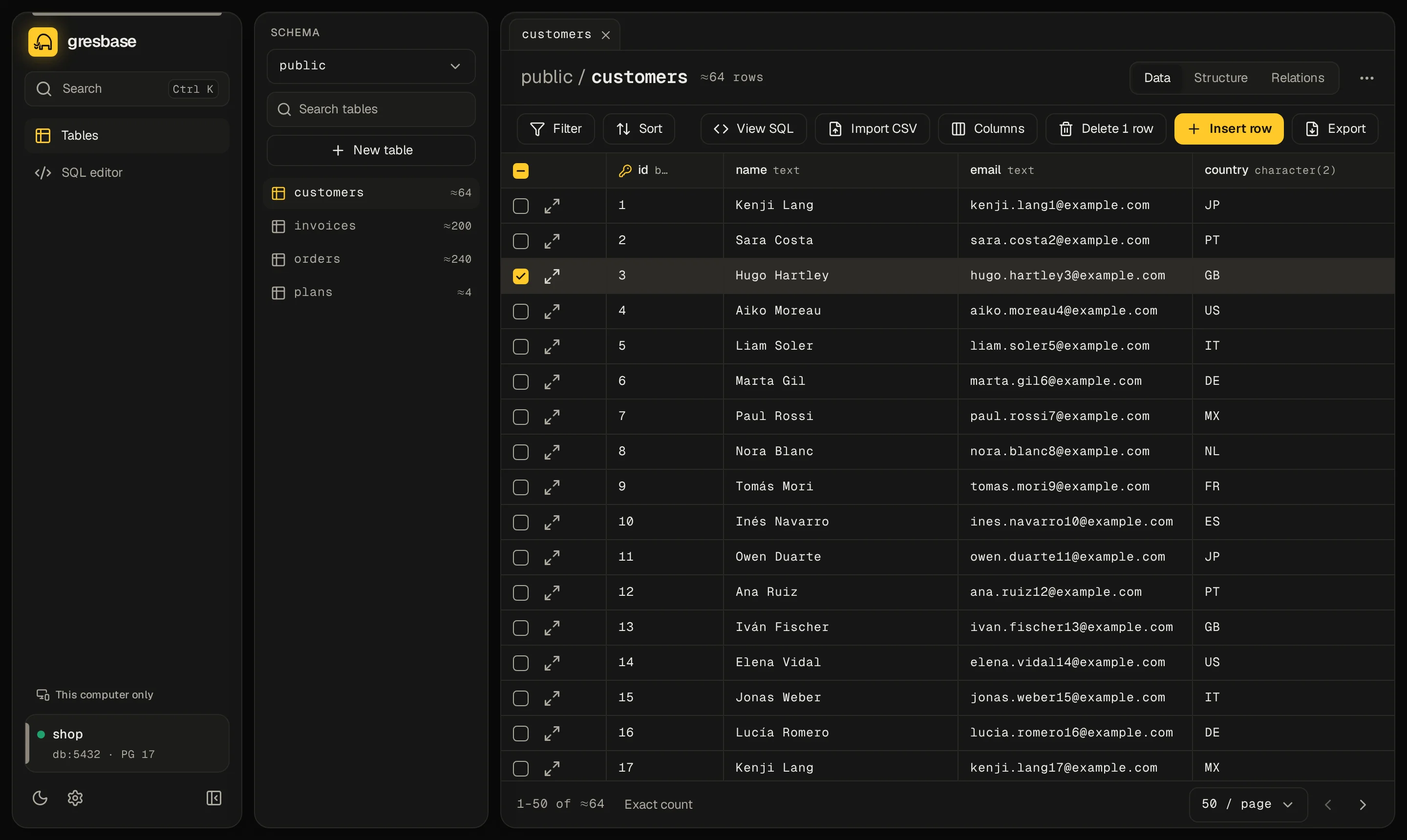 The Tables screen: the table list on the left and the customers table with a selected row.